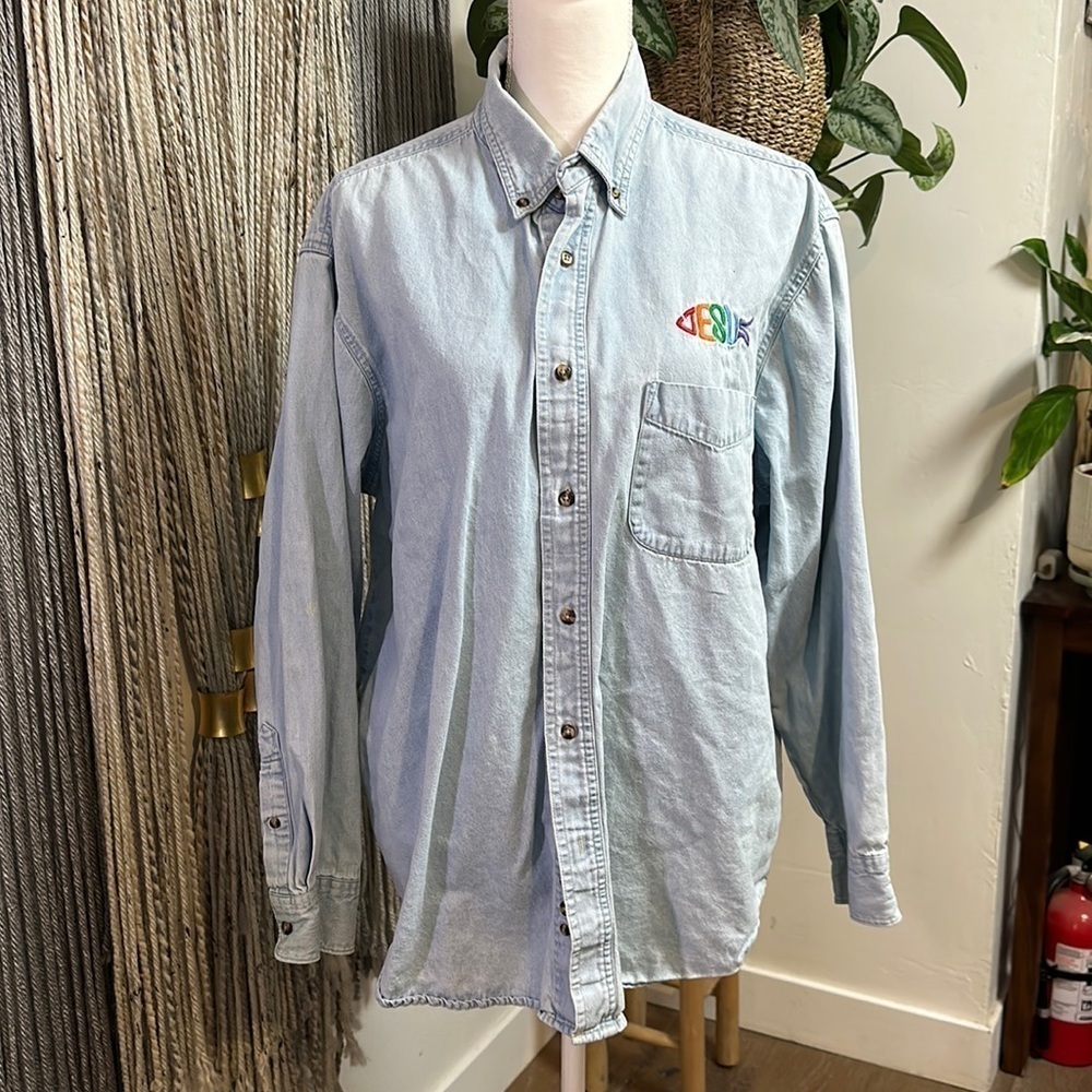 Oversized Cotton Denim Shirt with Jesus Embroidery
